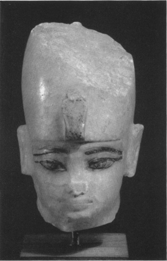 3 Head of a shawabty figurine of Amenophis III, from his tomb at Thebes Dynasty XVIII, about I380 BC Alabaster, height 412 inches 669929 Royal figurines of this type usually wear the nemes-headcloth,