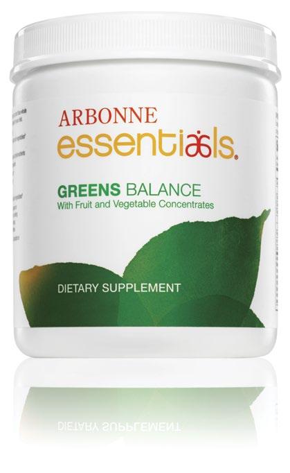 ARBONNE ESSENTIALS FEATURING A GREENS BALANCE One scoop provides a full serving of a rainbow of fruits and vegetables Contains naturally derived ingredients Sweetened naturally with stevia