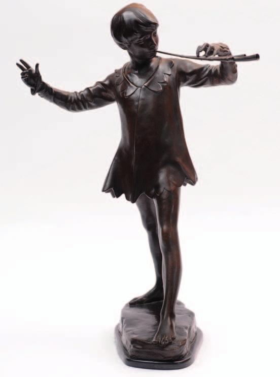 588. George James Frampton, British, (1860-1928) Peter Pan Mid brown patination, indistinctly titled to the base, mounted on an ebonised plinth,