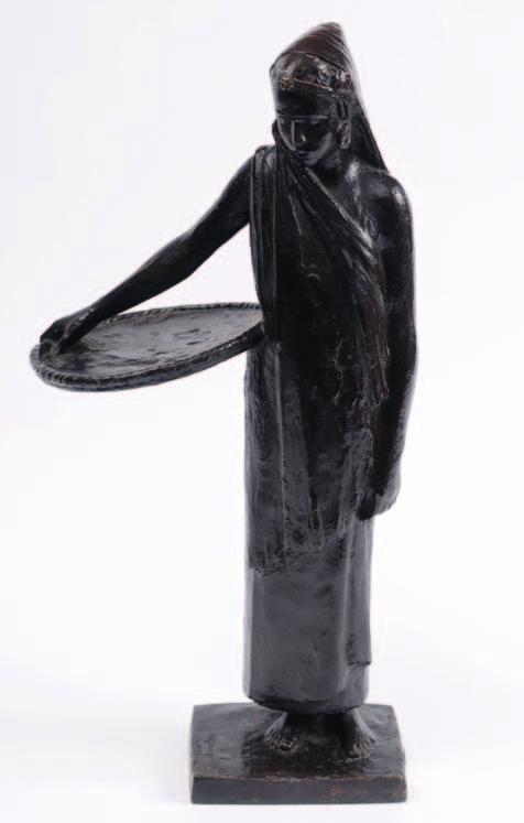 590. Anna Quinquaud (1890-1973) Bronze study of an African woman holding a flat circular basket in her right hand, dark brown