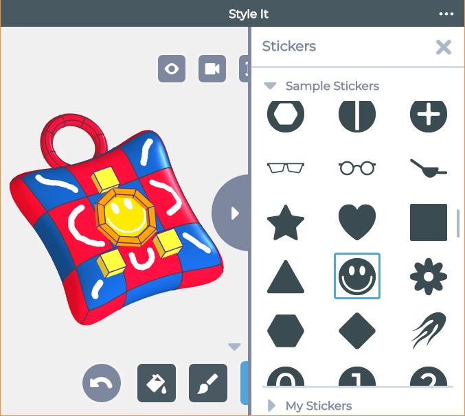 To add stickers to your model, click the Sticker tool at the bottom of the App. This will open up the Sticker tool side menu.