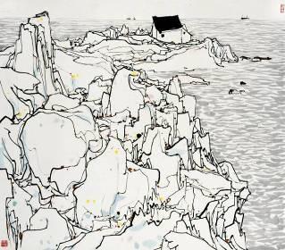 FINE CHINESE PAINTINGS Wu Guanzhong (1919 2010) Rocky Shore Ink and colour on paper, framed 1980