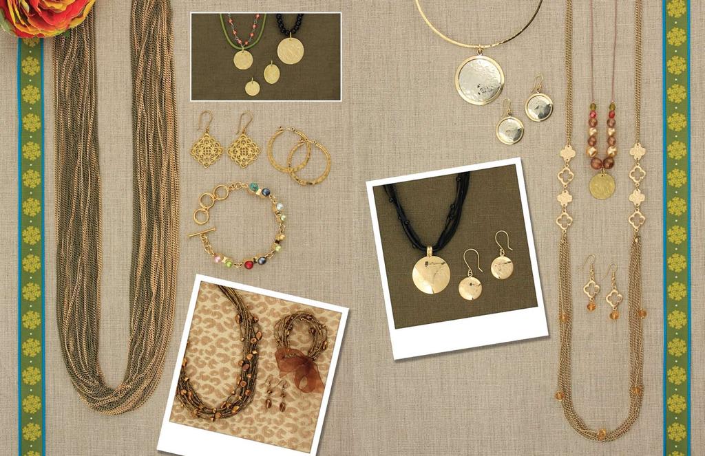 a. Strands of gold and matte bronze make a c. bold statement! Necklace and earring set JS0083 $59 35-37 Earrings hang 3 b. Small hammered round goldtone pendant b.