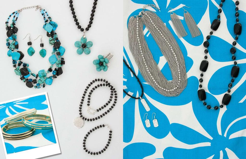 A Touch of Turquoise! a. b. c. d. Round up your total, and buy lunch for a hungry child! See Page 94 for details. g. h. a. Black and Aqua three strand chunky shell and turquoise necklace and earring set JN0196-0100 $32 17-21 Earrings hang 2 1 8 b.