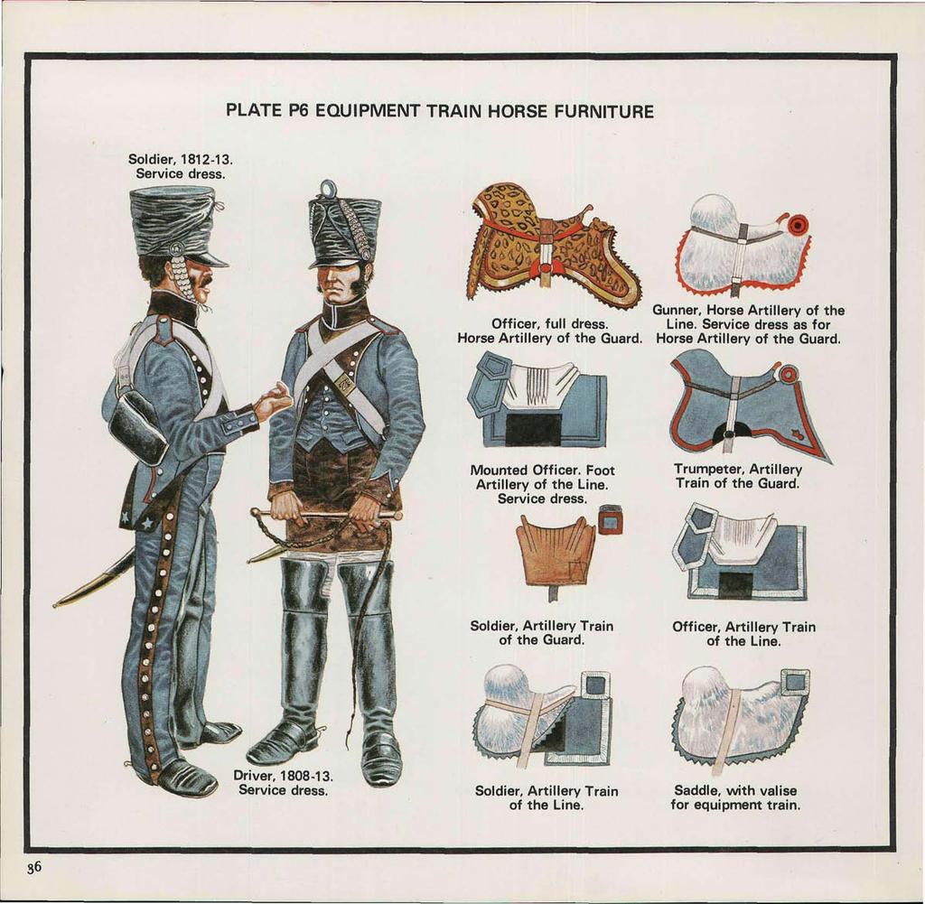 PLATE P6 EQUIPMENT TRAIN HORSE FURNITURE Soldier, 1812-13. Service dress. Gunner, Horse Artillery of the Officer, full dress. Line. Service dress as for Horse Artillery of the Guard.