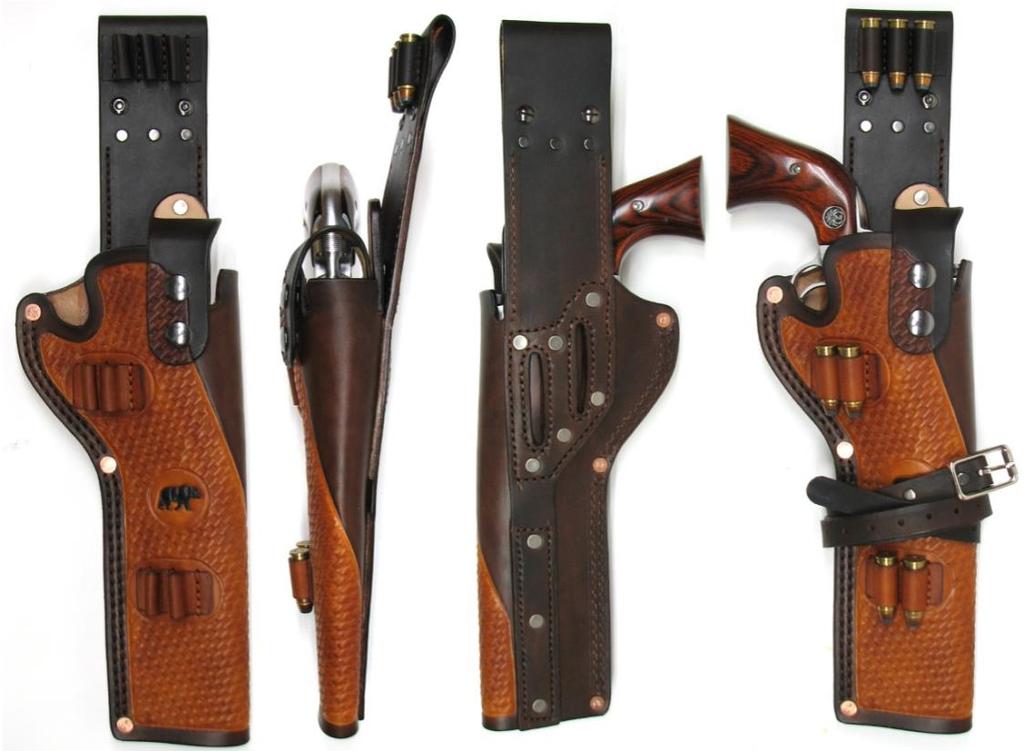 19 Holsters pictured can be made to any barrel length TM 633 Thumb brake. Solid belt loop with removable Chicago screws making the belt loop adjustable to a larger belt. Brass hardware.