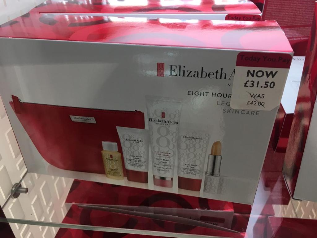 Elizabeth Arden 1. PU wash bag. 2. Free as part of Eight Hour Skincare set set cost 42.00, there was an additional saving on the day as the set was reduced to 31