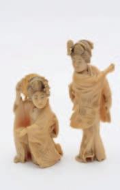 566 567 566 Two Japanese carved ivory okimono s of Geishas each dancing with a fan, the taller figure signed, 13cm. high, the other 9cm. high. 200 300 From the collection of the late R.