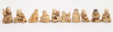 100-150 587 A group of four Japanese ivory or bone netsuke and okimono including a birdwoman wearing a shawl and