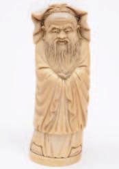 589 591 589 A Japanese carved ivory okimono of a bearded Immortal dressed in robes and hood, signed, 18.5cm. high.
