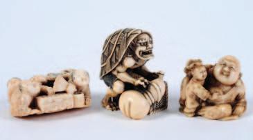 high, together with an ivory netsuke of Hotei holding a sack over his back, signed, 5cm. high.