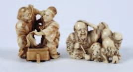 100-200 599 A Japanese circular carved ivory netsuke depicting a seated opium smoker accompanied by four