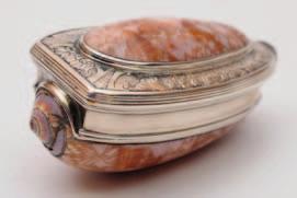 626 628, 629, 625, 630 626 An 18th Century silver mounted cowrie shell snuff box, the domed hinged lid with unmarked silver foliate and scroll decorated border, 7.5cm. long.