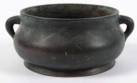 522 525 522 A Chinese bronze censer of squat baluster form, with plain loop handles and circular foot, bears four character mark, 21cm. wide.