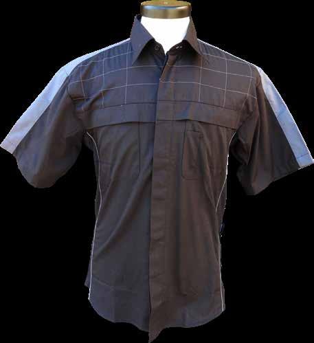 Grey Stitching on chest only Fabric Chest Flap Underarm Air Venting Grey Piping Pen Pocket Back Yoke Air Venting with Contrast Bar Tacks Scratchless Placket Pit Crew Shirt 60% Cotton, 40% Polyester
