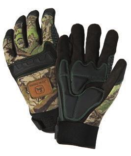 JD00036 ALL PURPOSE UTILITY Heavy-duty hi-dexterity camo work gloves with silicone print for grip and padded palm John Deere branded knuckle guard/padded palm Silicone on palm and fingers for grip