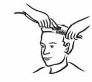 Starting with the longest attachment comb (25mm), cut from the back of the neck to the crown. Hold the attachment comb flat against the head and slowly move the clipper through the hair, as shown. 2.