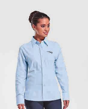classy ladies fit curved hemline raised collar darts in the front and back the absence of pockets gives it a softer appearance constructed button stand Long and short sleeve option Fabrication: %
