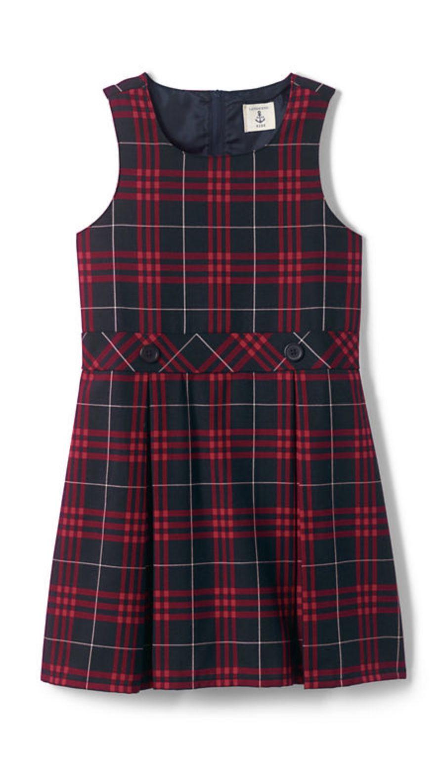 CHAPEL DAYS (THURSDAY) K - 4 Plaid Pleated Side Buckle Jumper in Classic Navy Large Plaid (Lands End) 3 above knee or longer Blue School Uniform Short/ Long Sleeve Oxford or Peter Pan Collar No