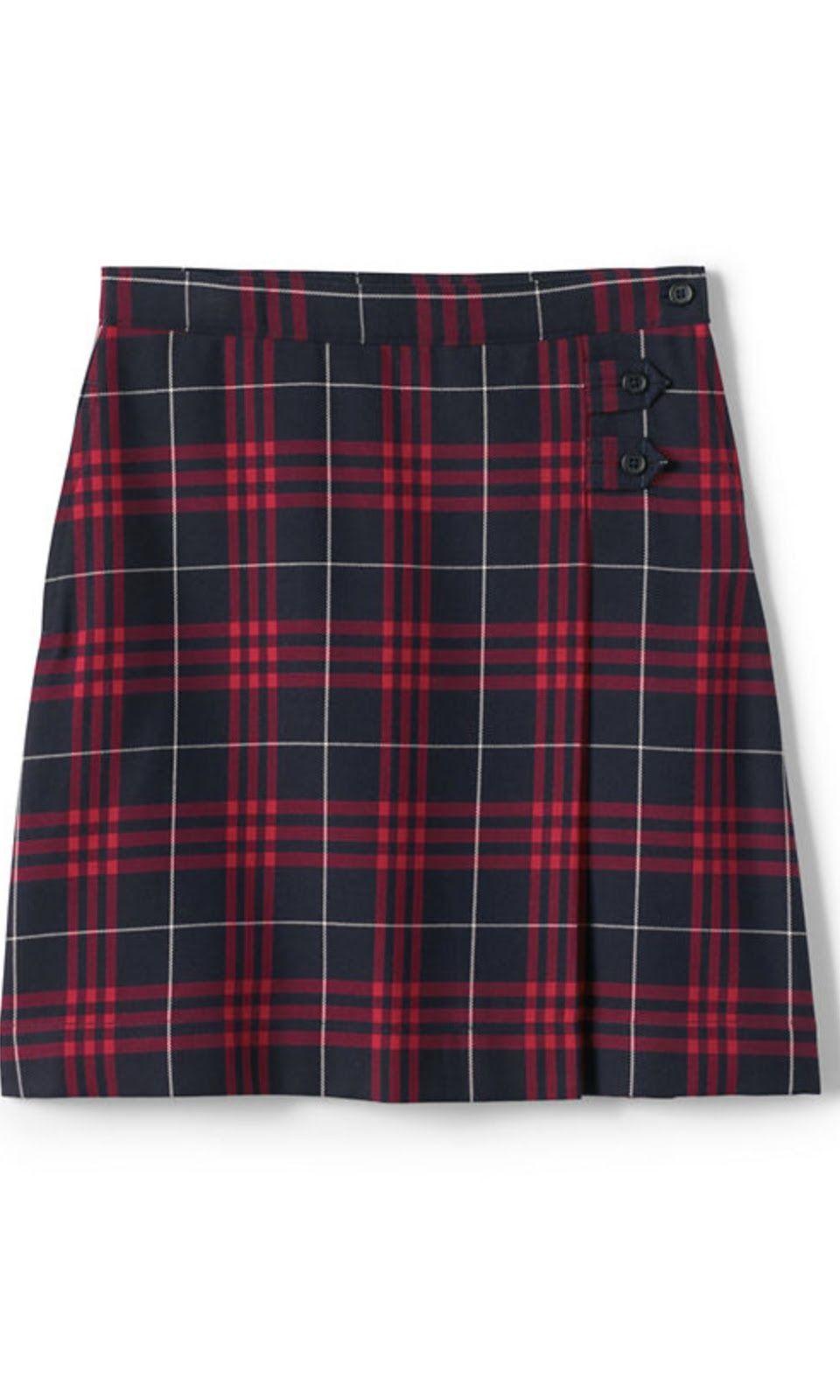 the knee A-line Skirt in Classic Navy Large Plaid (Land s End) no above the knee styles Navy or White tights, leggings Girls Oxford Blue Shirt, may also wear Peter Pan collar Shirts worn with skirts
