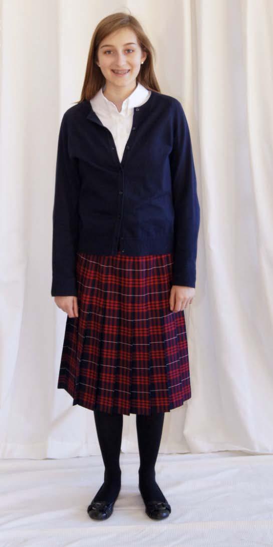 7-12 Young Ladies Everyday Uniform Lands End Plaid Pleated Skirt (at or below the bottom of the knee cap) Large Plaid Lands End Long Sleeve No Iron Pinpoint Blouse Lands End Fine Gauge Cardigan