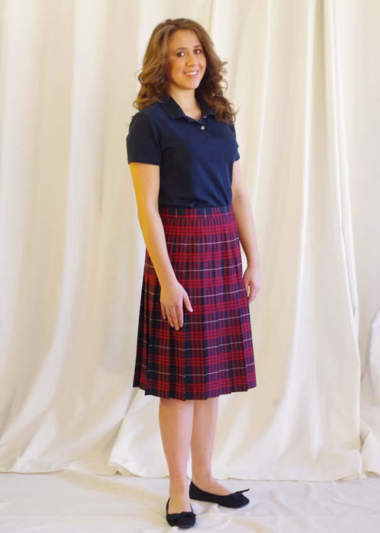 7-12 Young Ladies Polo Friday Uniform Lands End Plaid Pleated Skirt (at or below the bottom of the knee cap) Large Plaid Lands End Feminine Fit Interlock Polo Shirt either short or long sleeved Navy