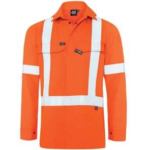 sleeve and concealed plastic press stud closure Inherent light weight FR fabric Full open front hi vis shirt with concealed plastic press stud H and X back tape configuration and single hoop at