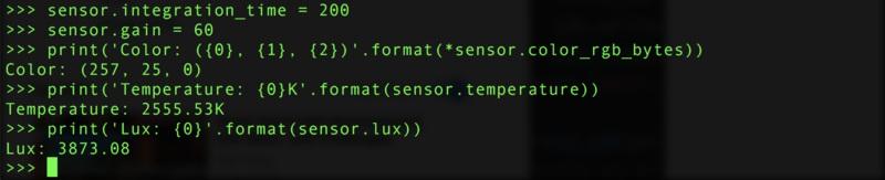 In addition there are some properties you can both read and write to change how the sensor behaves: integration_time - The integration time of the sensor in milliseconds. Must be a value between 2.
