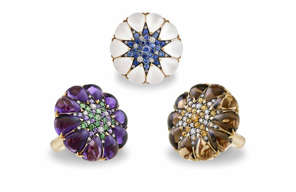 September 2018 Notes on an Obsession Sea flowers, a collection of exotic rings in 18K gold made with carved stones (white moonstone, amethyst, smoky quartz) and a richness of pavé. POA.