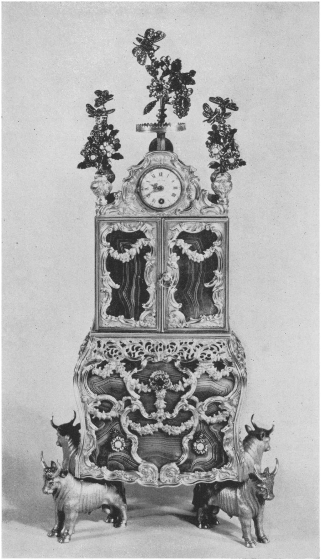 Miniature secretary by James Cox with clock and musical mechanism playing four Chinese tunes.