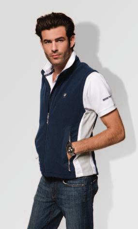 Dark blue fleece waistcoat with white inserts, with stand-up collar and two side zip-up pockets. Material: 100% Polyester fleece.