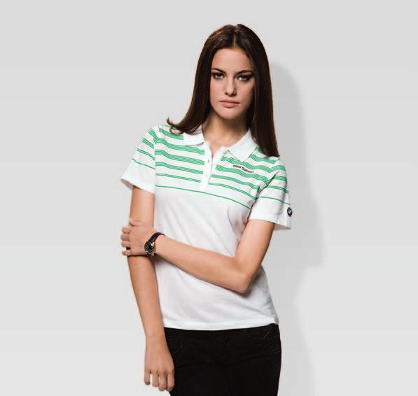Ladies Functional Polo Shirt. Feminine polo shirt with green contrasting inserts and decorative seams. Fashionable look because of tapered fit.