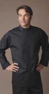CAYSON WAITER & BUSSER JACKETS The wrap collar features a button with a stylish band collar.