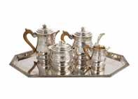 COINS 461 French silver 4-piece coffee & tea set and a tray Tetard Freres, Paris, 20th century, 950 standard, comprising coffee pot, teapot, covered sugar bowl, and cream pitcher; together with a