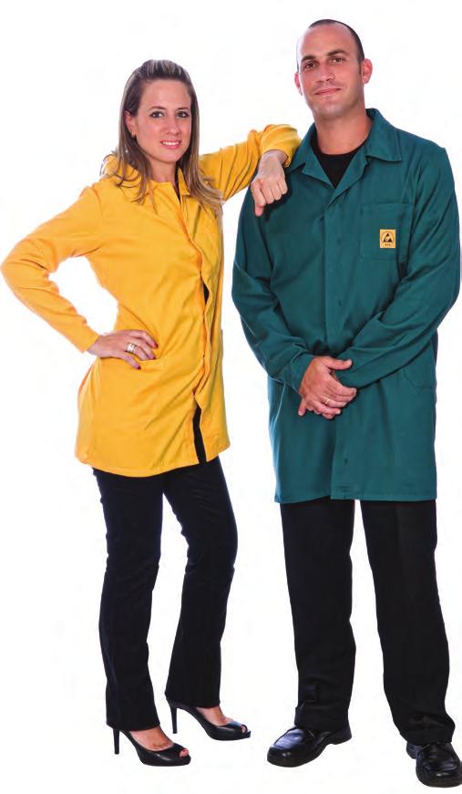 ESD Smock UX Design Comfortable and breathable static dissipative smock for use in EPA-Electrostatic Protective Area 3/4 length Easy snap fastening, hidden nickel-free snaps One breast pocket with