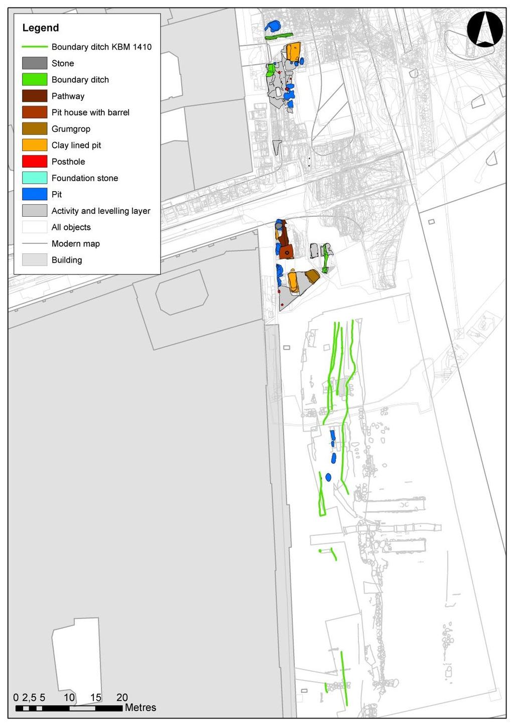 Fig. 42. Boundary ditches and pits at Kongens Nytorv; Metro excavations 1996 1998 and Metro Cityring 2009 2015.