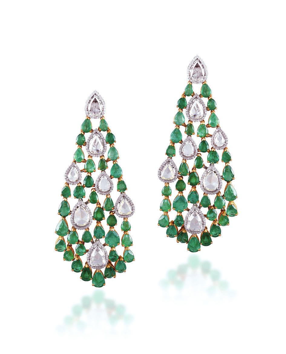 earrings set with yellow and white diamonds and Gemfields Zambian emerald drops.
