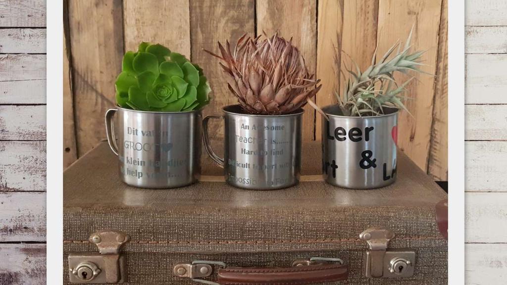 36. Dit van n groot hart om klein handjies te help vorm, fill this tin cup with sweets or plants, perfect gift for your teacher, 9x10x9cm, R 65 (excluding greens) 37.