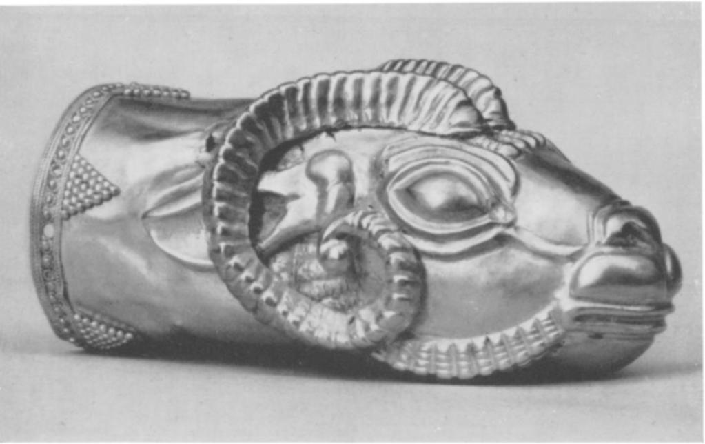 Fig. 29. Gold handle or finial in the shape of a ram's head. The horns and ears were made separately. Achaemenian, v century B.C. Length 3 inches... Fletcher Fund, 1958 Fig. 30.