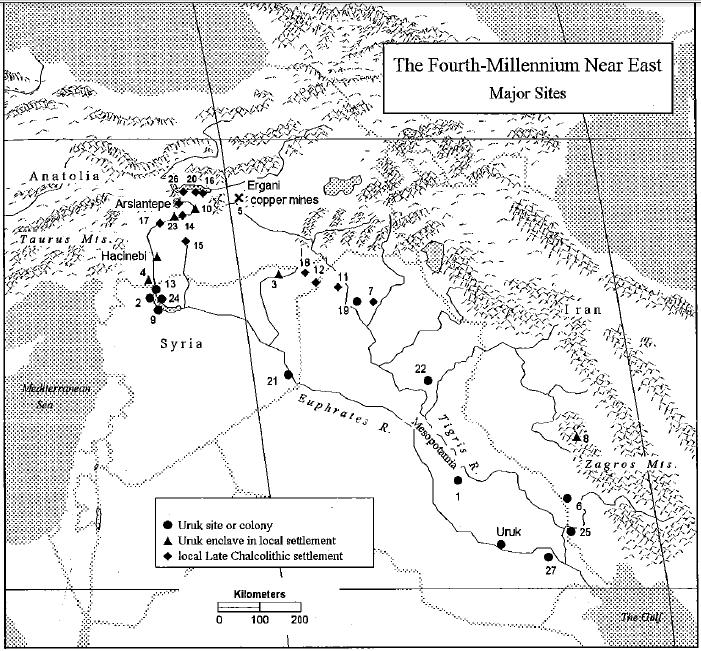 Figure 3 Map showing the Uruk colonies and expansion north and northeast towards the Euphrates western bank and the main 4th millennium sites in N.