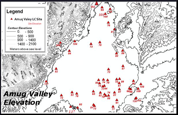 Figure 17 Topographic map of LC sites identified by AS numbers, AVRS - elevations as found on ASTER 2012 DEM.
