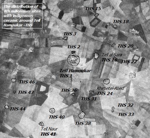 Figure 20 Image showing the distribution of 4 th millennium sites (Phases 5a/5b) around Tell Hamoukar with indigenous ceramics (According to THS- Ur, 2010).