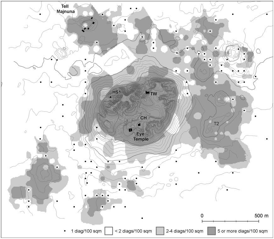 Figure 21 Map showing phase F (3900-3200 BCE) sherd scatters at Tell Brak (Ur & Karsgaard & Oates, 2011).
