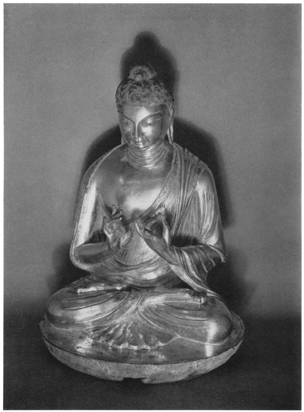 Gilt-bronze Buddha. Early T'ang dynasty, A.D. 6i8-907. Height 8 inches. Rogers Fund. Photograph by Charles Sheeler.