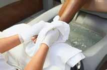 Place the client s feet in the bath, and make sure she is comfortable with the water temperature. Allow the feet to soak for five minutes to soften and clean the feet before beginning the pedicure.
