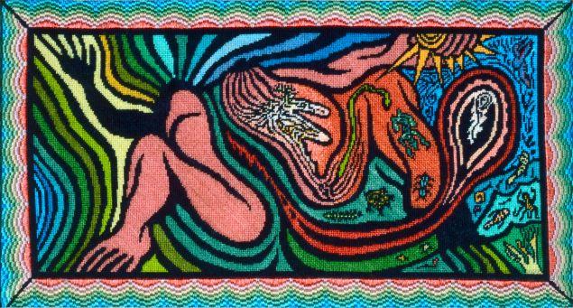 Judy Chicago, Creation of the World, 1984. Silkscreen and embroidery over drawing on fabric, 23 x 40 in. Embroidery by Merrily Rush Whitaker.