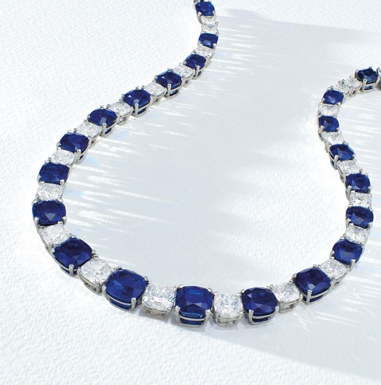 It sold for $15 million or $137,146 per carat. The piece contains 21 cushion Kashmir sapphires weighing a total of 109.08 carats.
