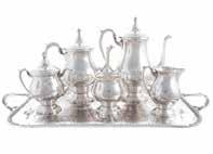 SILVER 407 414 422 M Fred Hirsch sterling 5-pc coffee & tea service model 436X, comprising: coffee pot, 10 1/2 in H, teapot, covered sugar bowl, cream pitcher, and waste bowl, monogrammed; together