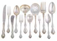 8 salad forks, 6 soup spoons, 2 forks and a gravy ladle; King George pattern includes: 3 forks, 2 teaspoons, gravy ladle, and a meat fork; 32 pieces total, 3850 ozt weighable Est $500-700 445a Rare
