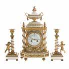 1188 Napoleon III bronze and marble clock garniture circa 1865; white marble bronze mounted shaped clock topped by urn, 13 1/2 in H and pair of matching candlesticks with putti figures, 8 in H Est